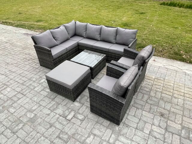Fimous Rattan Garden Furniture Sets High Back Corner Sofa Square Coffee Table Set with Big Footstool 2 Armchairs Dark Grey Mixed - image 1