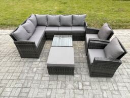 Fimous Rattan Garden Furniture Sets High Back Corner Sofa Square Coffee Table Set with Big Footstool 2 Armchairs Dark Grey Mixed - thumbnail 2