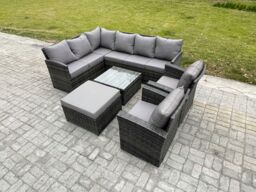 Fimous Rattan Garden Furniture Sets High Back Corner Sofa Square Coffee Table Set with Big Footstool 2 Armchairs Dark Grey Mixed - thumbnail 1