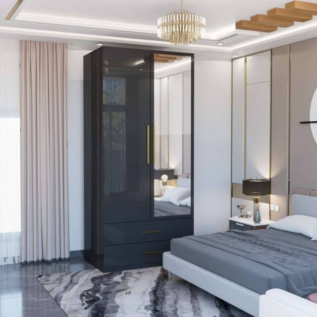 MN Furniture Modern High Gloss Mirrored Wardrobe with Drawers 80cm x 200cm in Black - Size: 80 cm x 200 cm - image 1