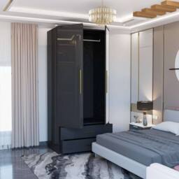 MN Furniture Modern High Gloss Mirrored Wardrobe with Drawers 80cm x 200cm in Black - Size: 80 cm x 200 cm - thumbnail 4