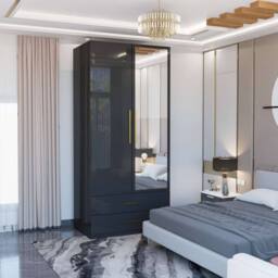 MN Furniture Modern High Gloss Mirrored Wardrobe with Drawers 80cm x 200cm in Black - Size: 80 cm x 200 cm - thumbnail 1