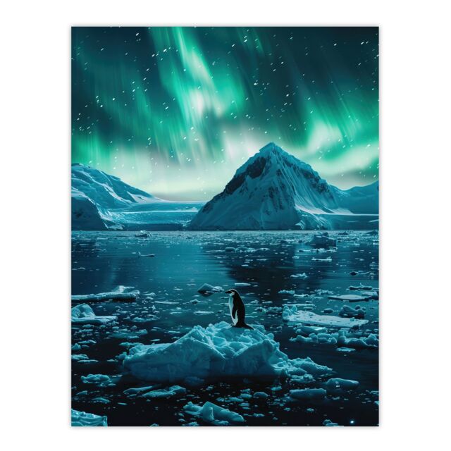 "Artery8 Aurora Australis Penguin Antarctica Ice Landscape Wall Art Print in Blue - Size: W24"" x H32""" - image 1