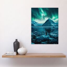"Artery8 Aurora Australis Penguin Antarctica Ice Landscape Wall Art Print in Blue - Size: W24"" x H32""" - thumbnail 4