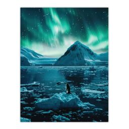 "Artery8 Aurora Australis Penguin Antarctica Ice Landscape Wall Art Print in Blue - Size: W24"" x H32""" - thumbnail 1