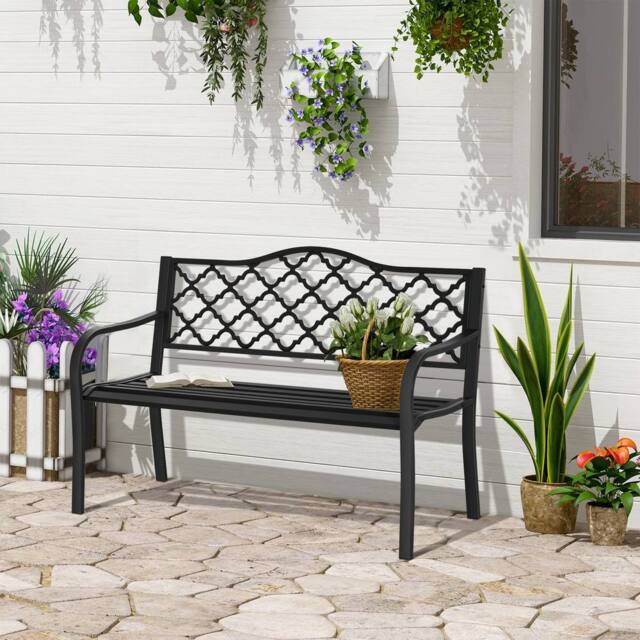 OUTSUNNY Cast Aluminium Garden Bench 2 Seater Antique Park Loveseat, Verdigris in Black - image 1