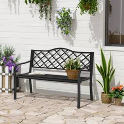 OUTSUNNY Cast Aluminium Garden Bench 2 Seater Antique Park Loveseat, Verdigris in Black - thumbnail 1