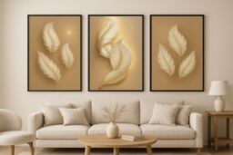 "Mafett Set of 3 Luxury Canvas Wall Art Golden Feather Symphony in Gold - Size: W24"" x H32"""