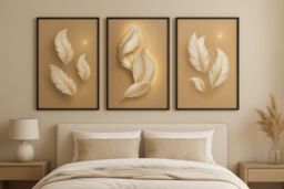 "Mafett Set of 3 Luxury Canvas Wall Art Golden Feather Symphony in Gold - Size: W24"" x H32""" - thumbnail 2