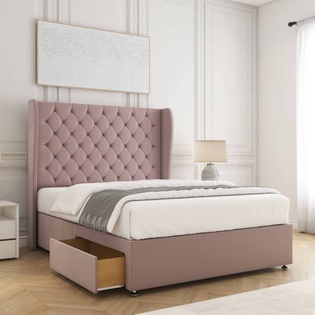 "BSSPOKE Amelia Divan Bed Set Plush Velvet 2 Drawers 54"" Headboard & Mattress in Pink - Size: Double" - image 1