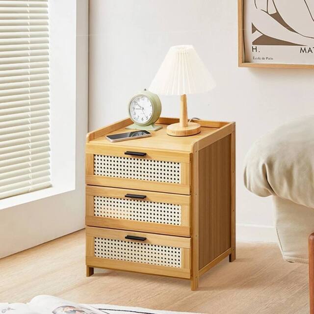 EONLION Wooden Rattan Side Table with Drawer, 42cm Width in Brown - Size: 100 cm - image 1