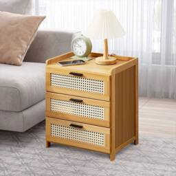 EONLION Wooden Rattan Side Table with Drawer, 42cm Width in Brown - Size: 100 cm - thumbnail 3