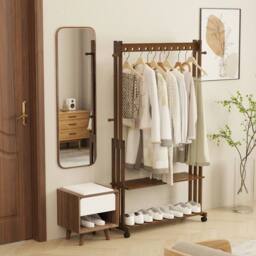 KORVIXA Bedroom Hallway Entryway Bamboo Hanging Rail in Brown - Size: 900mm - thumbnail 4