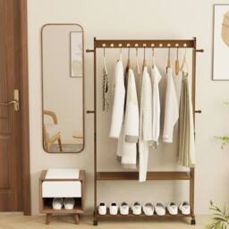 KORVIXA Bedroom Hallway Entryway Bamboo Hanging Rail in Brown - Size: 900mm - thumbnail 3