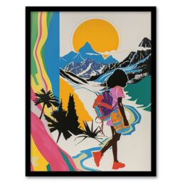 "Artery8 Hiker Bright Sun Mountains Abstract Colourful Framed Art Print - Size: W12"" x H16""" - thumbnail 1