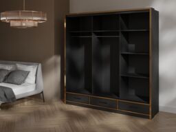 RAC3 205cm Mirror Sliding Wardrobe with Drawers, LED & Gold Strips in Black - thumbnail 2