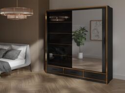 RAC3 205cm Mirror Sliding Wardrobe with Drawers, LED & Gold Strips in Black - thumbnail 1