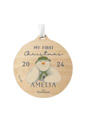 Personalised Memento Company Personalised The Snowman® My First Christmas Round Wooden Decoration in Brown - thumbnail 1