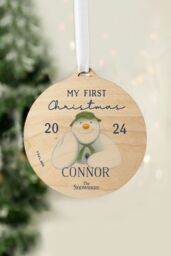 Personalised Memento Company Personalised The Snowman® My First Christmas Round Wooden Decoration in Brown - thumbnail 3