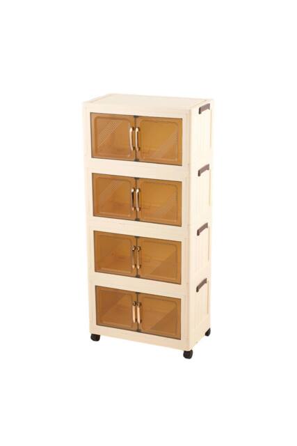 Living and Home Foldable 3/4-Tier Rolling Plastic Storage Cabinet with Magnetic Doors in Cream - Size: Large - image 1