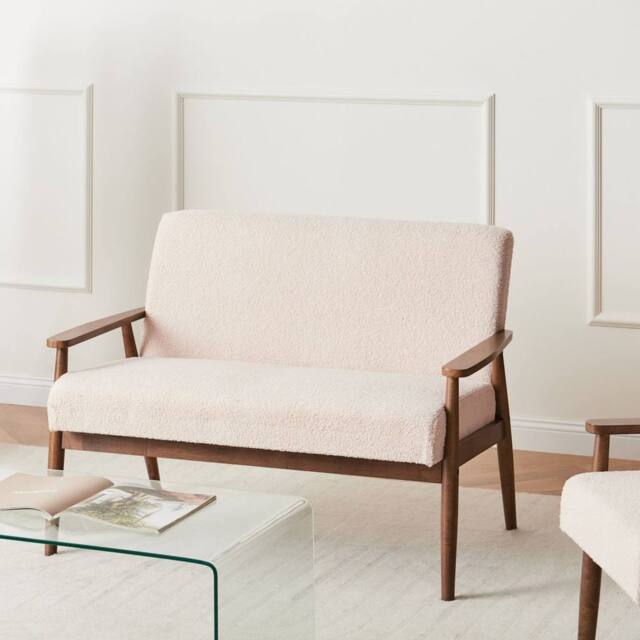 Wyld and Coco 2-Seater Boucle Sofa Beige-Brown - Solid Wood Frame Armrests in Beige - image 1
