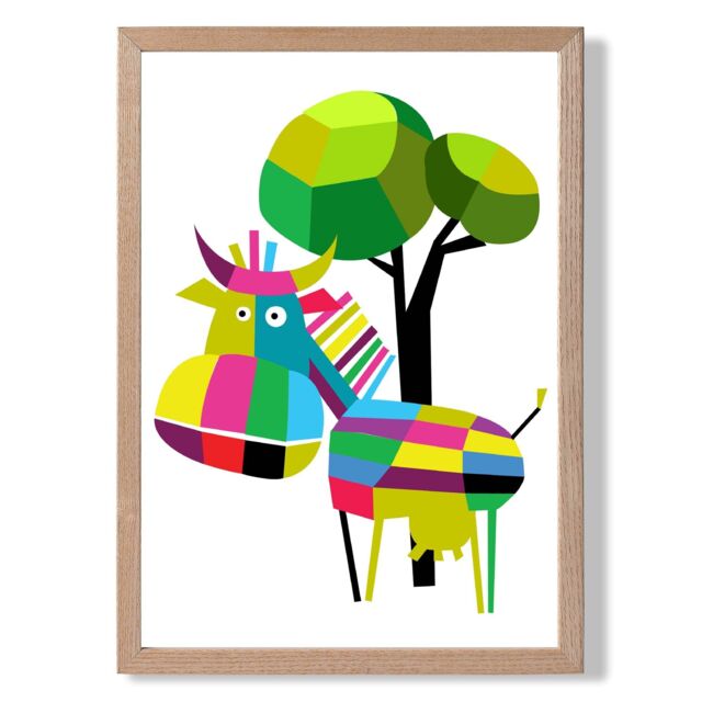 ARTZE Cow Bright Geometric Animal Framed Print SIZE: A3 with Oak Frame - Size: A4 - image 1
