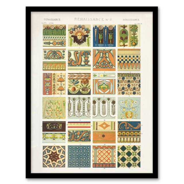 "Artery8 Renaissance Patterns Racinet Vintage Framed Wall Art Print - Size: W12"" x H16""" - image 1