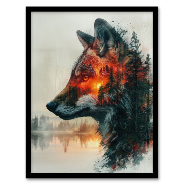 Artery8 Wall Art Print Wolf Forest Sunset Nature Animal Lover Design Art Framed Poster in Black - Size: A4 - image 1