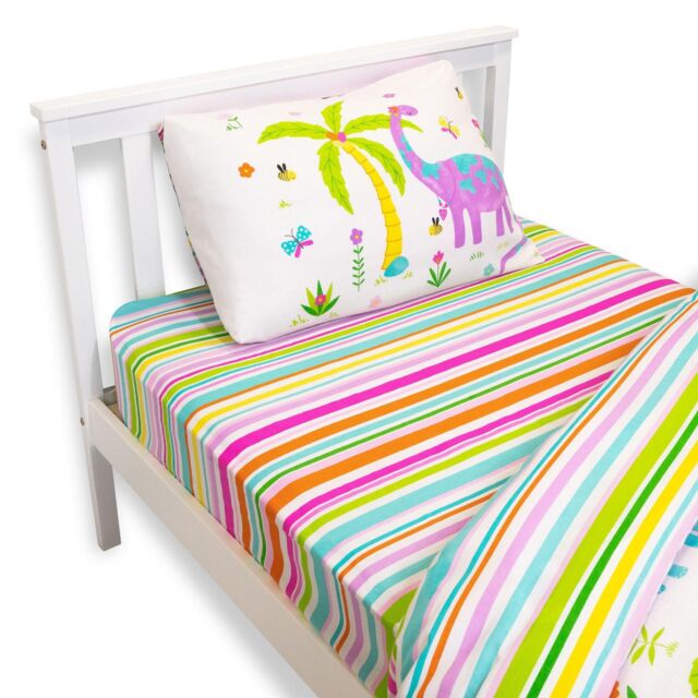 Happy Linen Company Kids Stripes Fitted Sheet For Daisy Dino Bedding in White - Size: Double Fitted - image 1