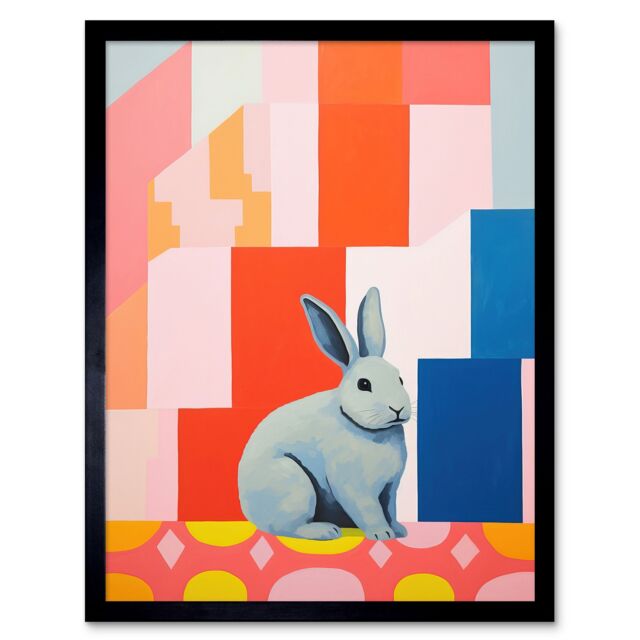 "Artery8 Wall Art Print Fat White Rabbit Bold Pop Art Colourful Conceptual Modern Artwork Art Framed in Black - Size: W12"" x H16""" - image 1