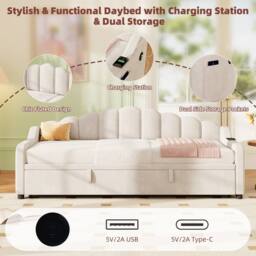 Matteo 3ft Single Velvet Daybed Sofa Bed with Pull-Out Trundle, Beige (No Mattress) - thumbnail 6