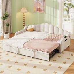 Matteo 3ft Single Velvet Daybed Sofa Bed with Pull-Out Trundle, Beige (No Mattress) - thumbnail 3