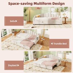 Matteo 3ft Single Velvet Daybed Sofa Bed with Pull-Out Trundle, Beige (No Mattress) - thumbnail 9