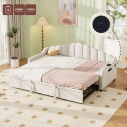 Matteo 3ft Single Velvet Daybed Sofa Bed with Pull-Out Trundle, Beige (No Mattress)