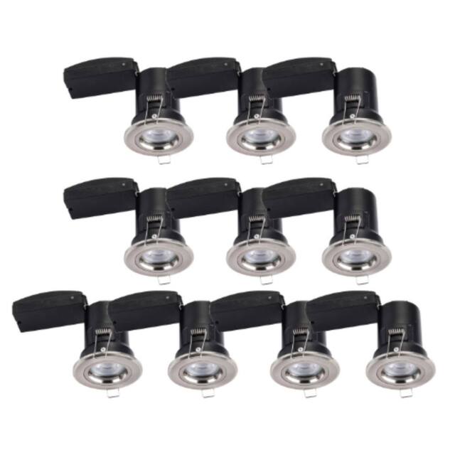 First Choice Lighting Set of 10 Fire Rated Downlights - Brushed Chrome Fixed GU10 Recessed in Silver - image 1