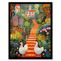 Artery8 Wall Art Print Lush Garden Path with Hens & Colourful Blooms Framed - Size: A4 - thumbnail 1