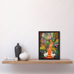 Artery8 Wall Art Print Lush Garden Path with Hens & Colourful Blooms Framed - Size: A4 - thumbnail 4