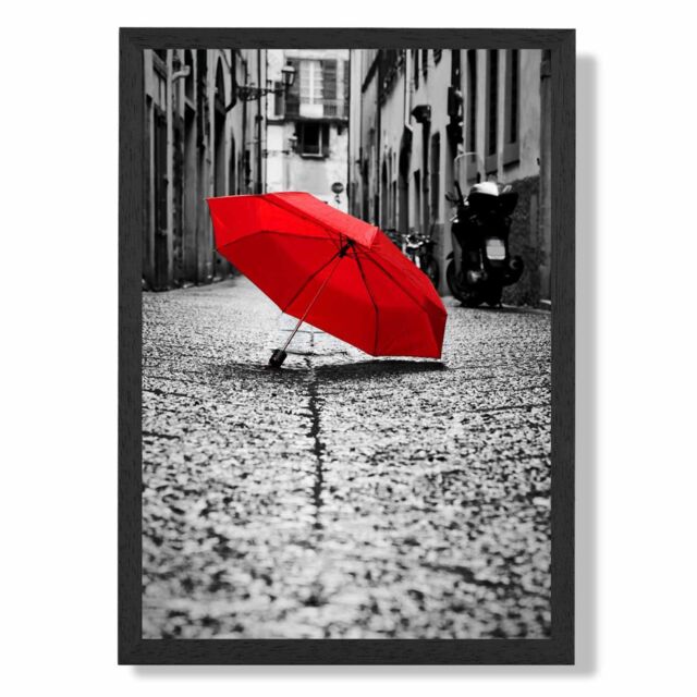 ARTZE Red Umbrella in Paris Street Fashion Photo Framed Print SIZE: A4 with Oak Frame in Black - image 1