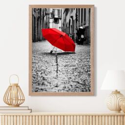 ARTZE Red Umbrella in Paris Street Fashion Photo Framed Print SIZE: A4 with Oak Frame in Black - thumbnail 2