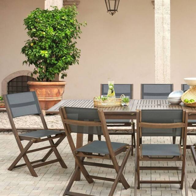Wyld and Coco Set of 2 Folding Outdoor Garden Chairs Dark Acacia Wood Grey PVC in Brown - image 1