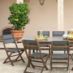 Wyld and Coco Set of 2 Folding Outdoor Garden Chairs Dark Acacia Wood Grey PVC in Brown - thumbnail 1