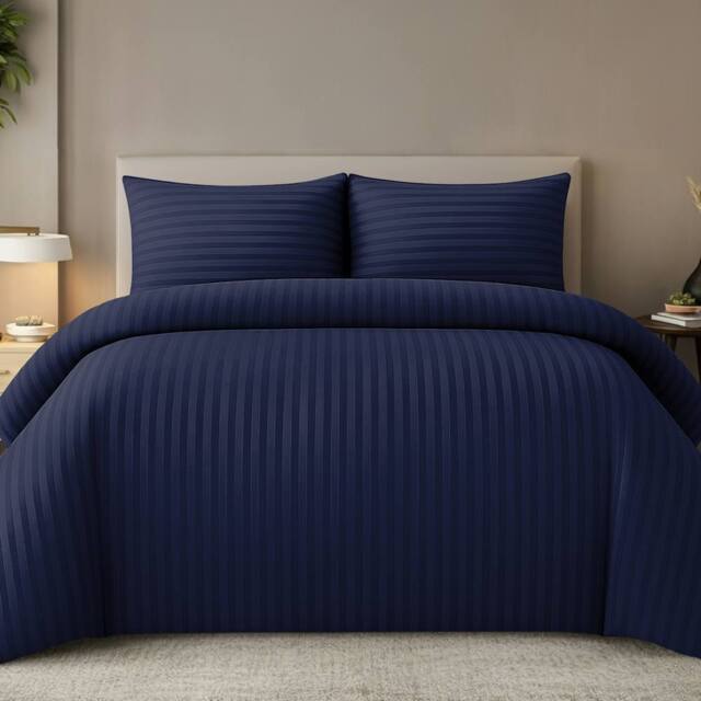 Grace Embossed Satin Stripe Duvet Cover Sets Ultrasoft Quilt Cover in Navy - Size: Double - image 1