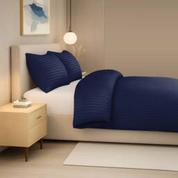 Grace Embossed Satin Stripe Duvet Cover Sets Ultrasoft Quilt Cover in Navy - Size: Double - thumbnail 3