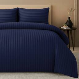 Grace Embossed Satin Stripe Duvet Cover Sets Ultrasoft Quilt Cover in Navy - Size: Double - thumbnail 4