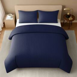 Grace Embossed Satin Stripe Duvet Cover Sets Ultrasoft Quilt Cover in Navy - Size: Double - thumbnail 2