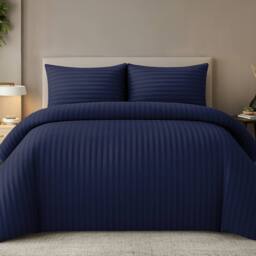 Grace Embossed Satin Stripe Duvet Cover Sets Ultrasoft Quilt Cover in Navy - Size: Double - thumbnail 1