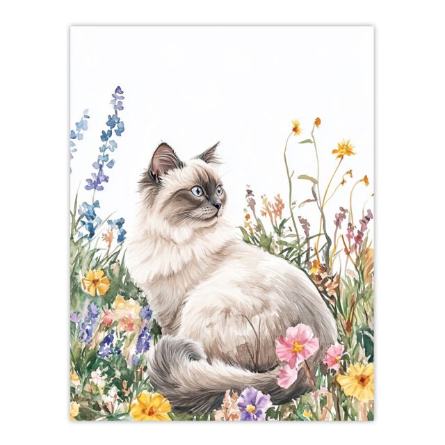 "Artery8 Ragdoll Cat Lover Pet Wildflower Floral Portrait Wall Art Print - Size: W12"" x H16""" - image 1