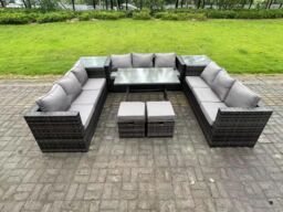 Fimous Wicker PE Rattan Outdoor Furniture Lounge Sofa Garden Dining Set with Dining Table 2 Side Tables in Dark Grey - thumbnail 1