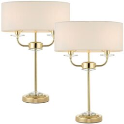 Loops 2 PACK Twin Light Table Lamp 2 Bulb Brass & White Shade Crystal Trim Bedside - thumbnail 1