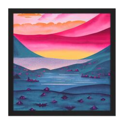 Artery8 Wall Art Print Lakeside Landscape With Pink Crystals Peaceful Multicolour Sunrise Watercolour Square Framed Picture 16X16 Inch - thumbnail 1